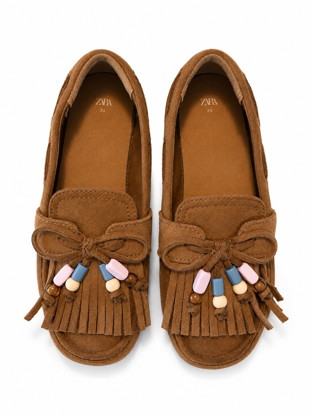 ZARA Girl’s Brown Tassel Moccasins with Multicolor Beads